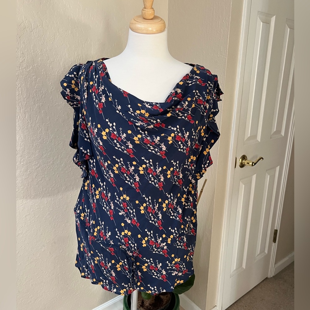 Anthropologie Odille Salix Silk Top, Large, Navy, Cowl neck